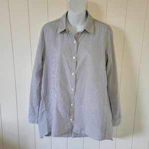 Chico's Top Womens Small Button Up Beachy Coastal Mini Stripes Nautical Roll Tab